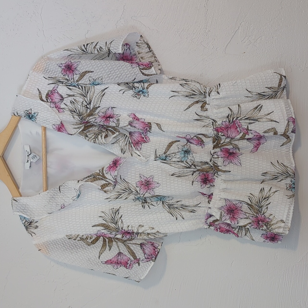 WHBM White Floral Dainty Ruffle Peplem Blouse Office Teacher Business Casual